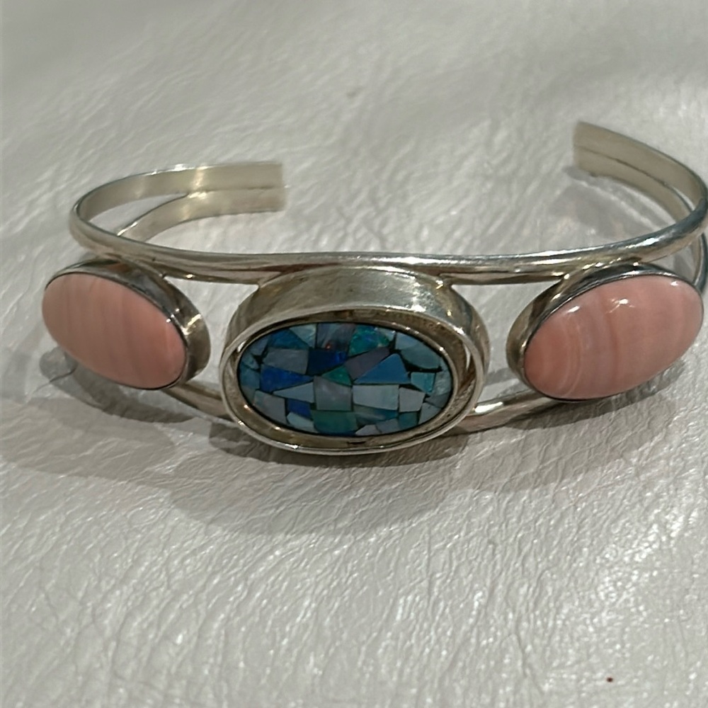 Elegant Peruvian Pink and Blue Mosaic Opal Sterling Silver Women's Cuff Bracelet